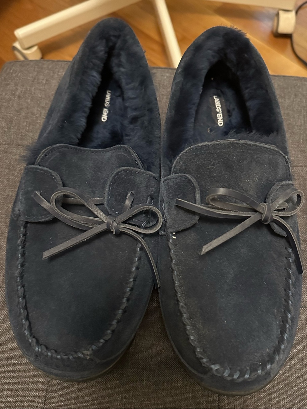 Lands' End Navy Suede Bow Moccasin Slippers with Plush Lining